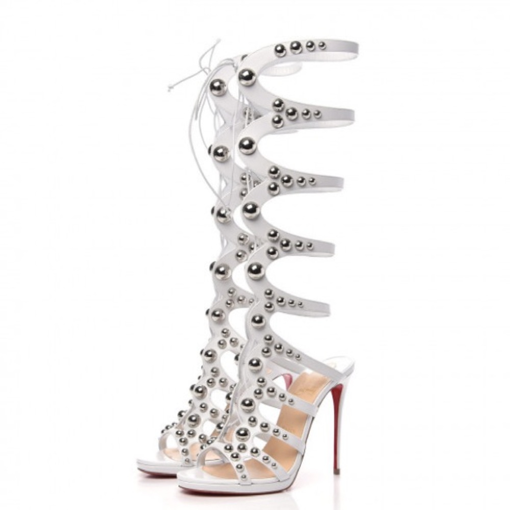 Christian Louboutin Amazoutiful 120 Lace Up Sandals Latte/Sliver - Picture 5 of 8